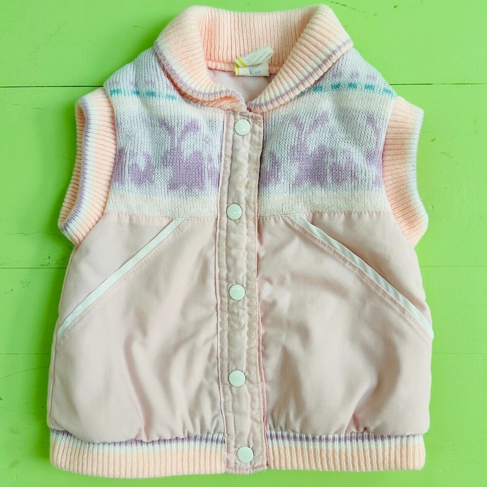 Vintage 80s Puffer Vest Light Pink Bunnies Pastel Outerwear Front Snap Retro